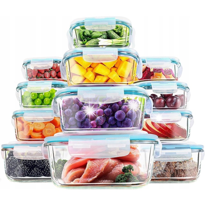 Комплект от 12 стъклени кутии за храна, Kichly, 4 размера, без BPA, устойчиви на фурна и микровълнова