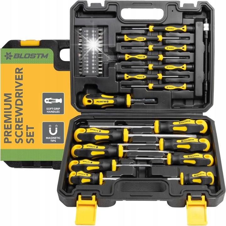Mágneses csavarhúzó készlet, 42 darabos, ergonomikus markolatok, tároló tok