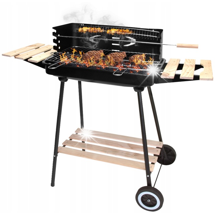 Градинско барбекю, 3 дървени рафта, 2 колела, 104x45x88см, голяма скара 53x34см, малка скара 8x46см