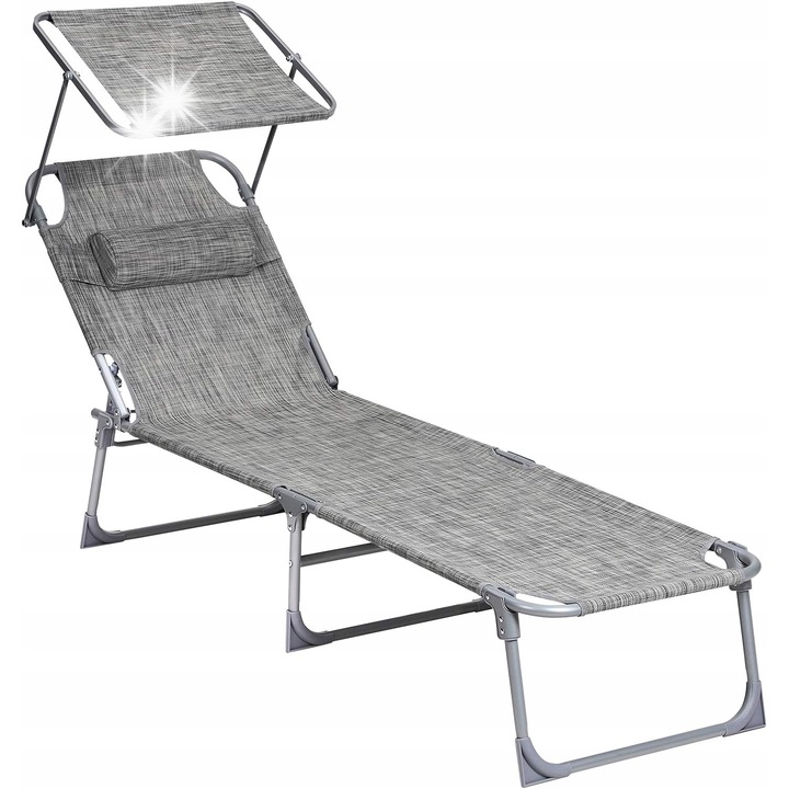 Sezlong pliabil cu parasol, Songmics, 4 pozitii de reglare, material sintetic respirabil, 17x53x73cm