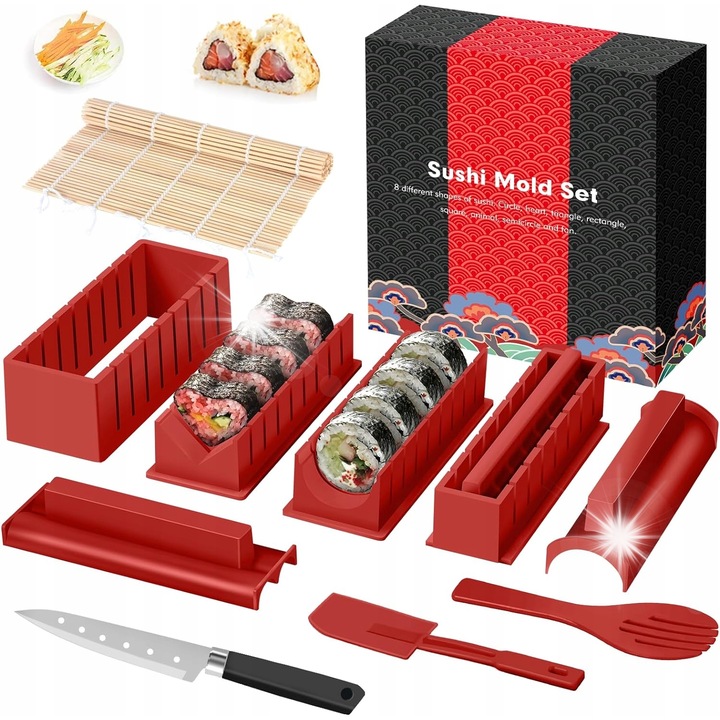 Комплект от 12 части за приготвяне на суши, лопатки, нож, форми, червен