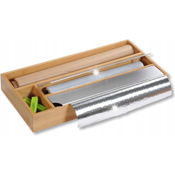 Élelmiszerfólia adagoló, Kesper, bambusz és rozsdamentes acél, 3 rekesz, univerzális méret