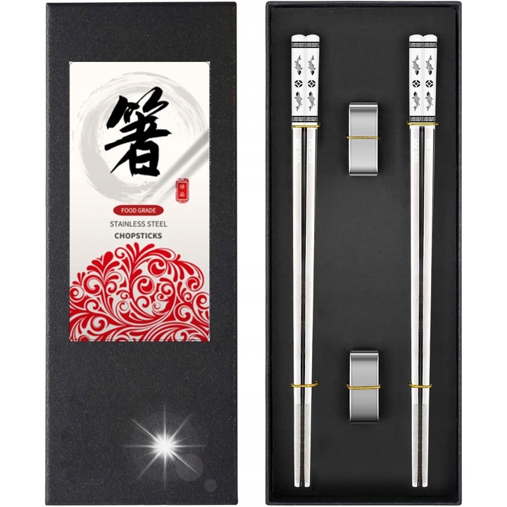 Комплект клечки за суши от неръждаема стомана 2x със стойка, традиционен дизайн, неплъзгащи се, елегантни, различни размери