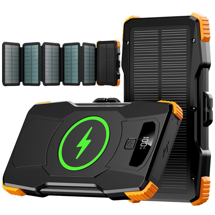 Външна Слънчева Батерия с 6 Панела Linomag, Power Bank 10000 mAh, Зареждане Type C, USB, Micro USB, Магнитно Безжично Зареждане, Вградена Фенерче, Водоустойчива, Оранжев/Черен