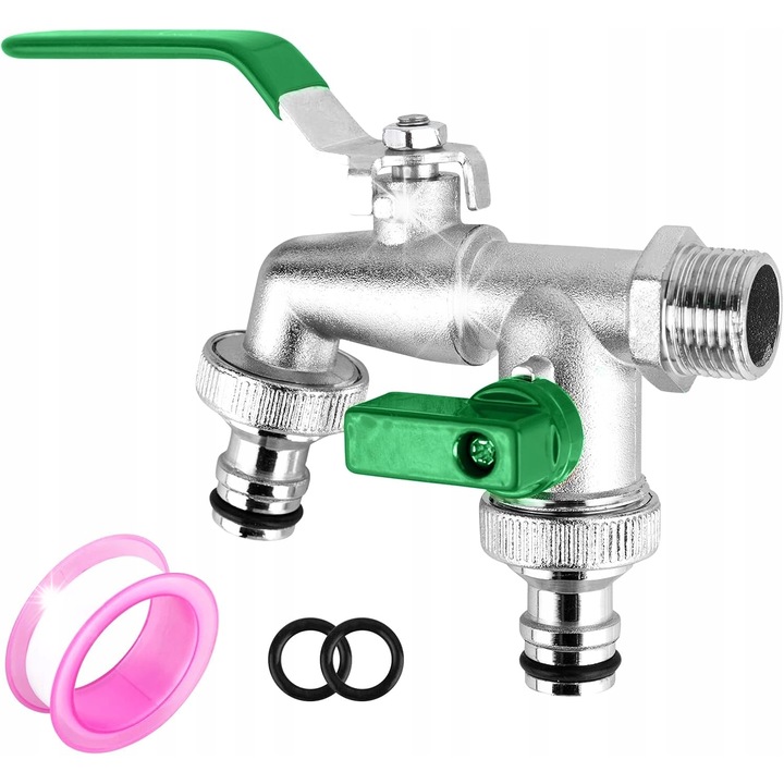 Két szelepes kerti csap, 1/2" és 3/4", sárgaréz anyagból, zöld színű, adaptálható méretekkel