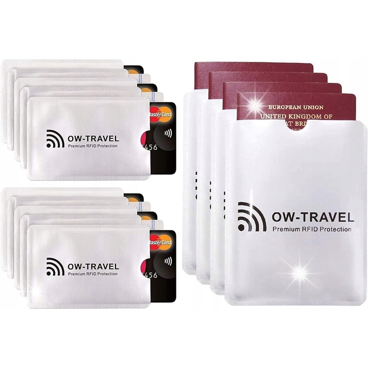Комплект RFID калъфи, 10 броя за карти и 4 броя за паспорт, защита на данни, алуминий, сребрист