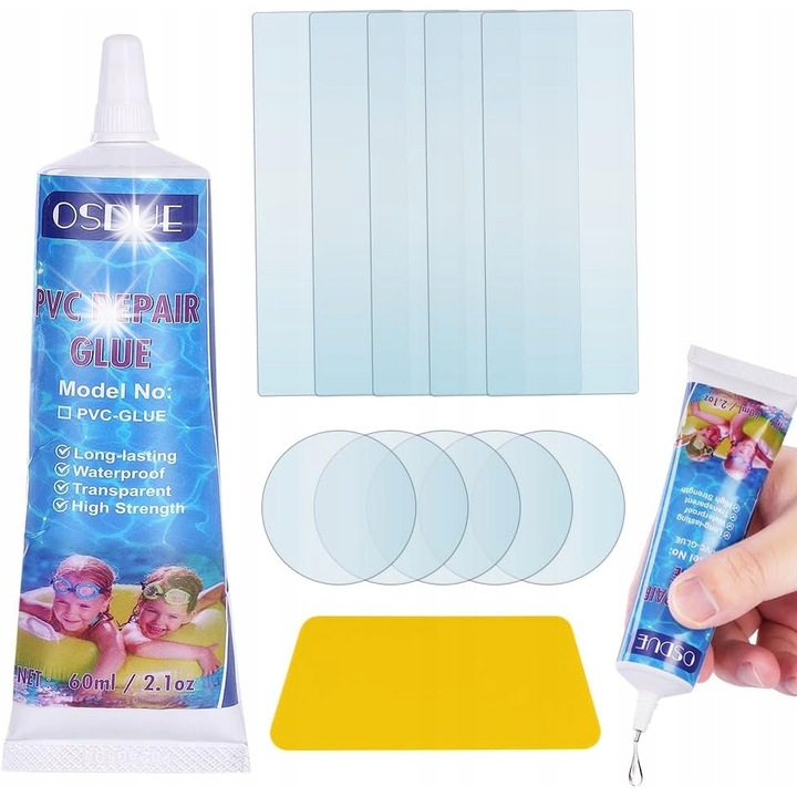 Medencejavító készlet, OSDUE, 60 ml ragasztó, 10 PVC folt, vízálló, könnyen alkalmazható