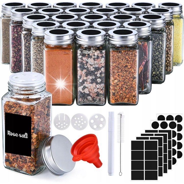 Set 25 recipiente pentru Condimente din Sticla, GoMaihe, Capac din Inox, Echipat cu Etichete, 10,5x4,5cm