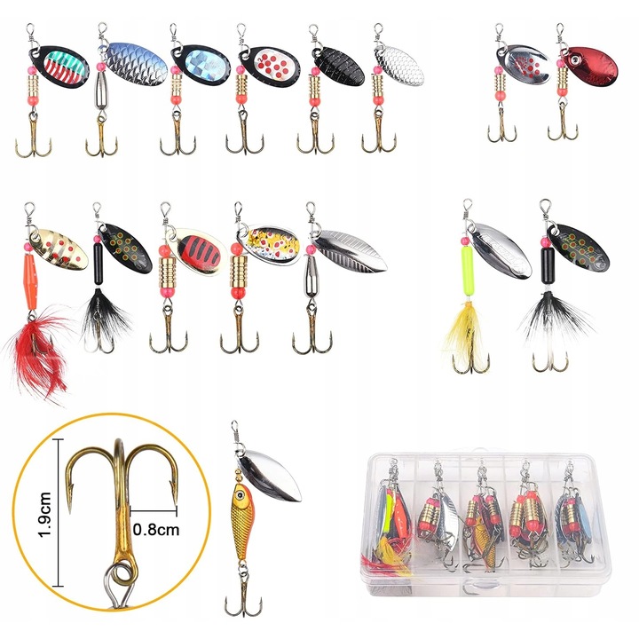 16 darabos horgász műcsali készlet, vegyes típusok, szállítódobozzal