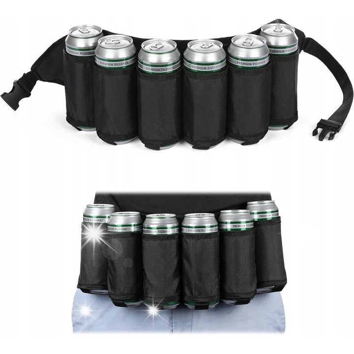 Tartó 6 sörösüveg vagy doboz számára, állítható 72-120 cm, parti kütyü, kiegészítő zsebbel