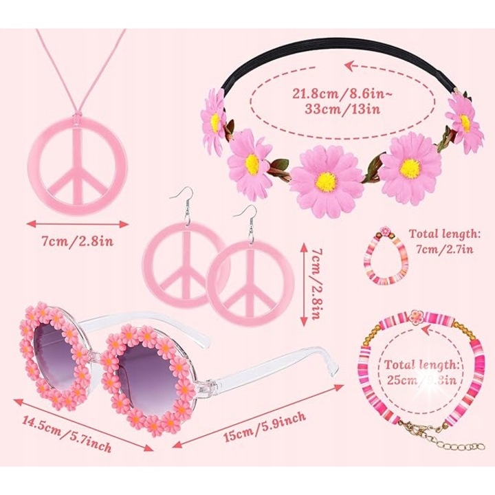 Hippie kiegészítő készlet, 60-as, 70-es évek, virágos fejpánt, szemüveg, ékszerek, többszínű, univerzális méret