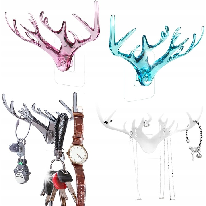 4 darabos akasztó szett, Szarvasagancs design, Öntapadós rögzítés, Többszínű