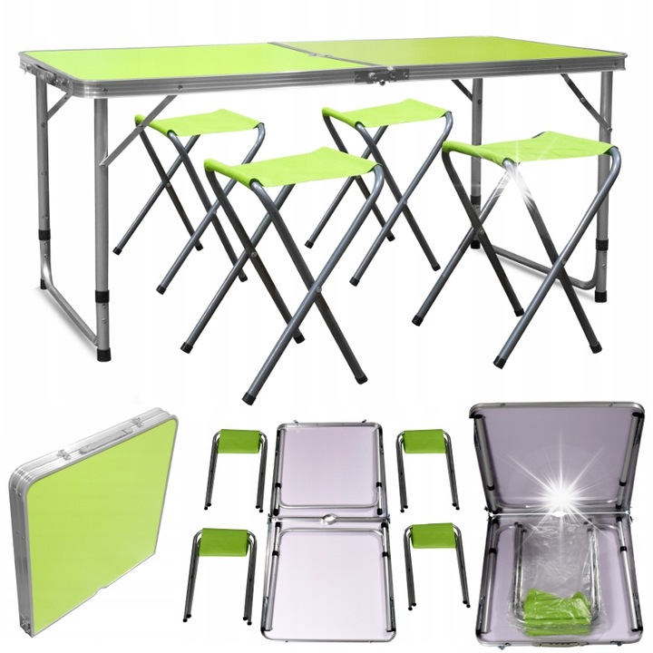 Kemping bútor szett, Aga, összecsukható asztal 120x60x54/60/70cm, 4 szék, alumínium