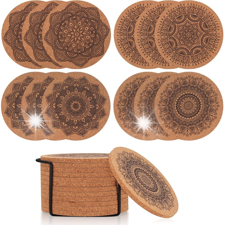 12 db-os parafa alátét szett rozsdamentes acél tartóval, mandala mintával, természetes színben, bútorvédelemre