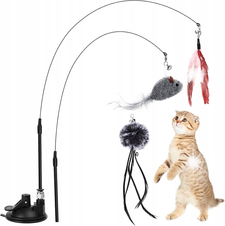 Интерактивна играчка за котки, комплект с 2 въдици и 3 сменяеми накрайника, устойчив материал, реалистичен дизайн, многоцветен