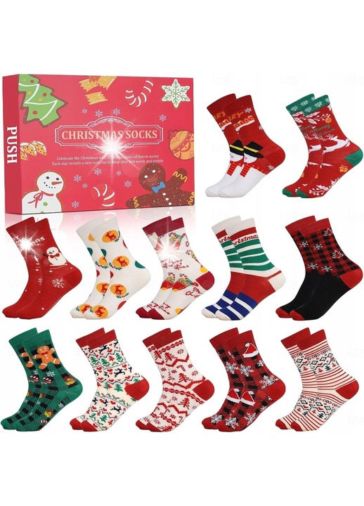 Адвент календар с 12 чифта топли чорапи, празнични модели, размер 40-46EU