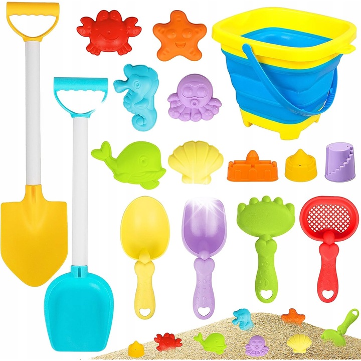 16 részes homokozó játékszett, összecsukható vödör, lapát, homokformák, többszínű