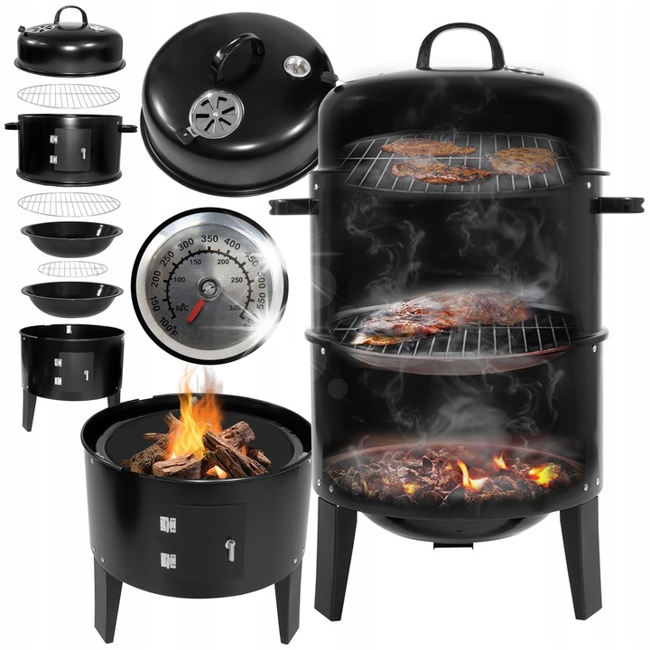 Градинско барбекю 3 в 1, с термометър, 38 см, за печене на скара и опушване, височина 83 см, ширина 40 см, диаметър на скарата 37,5 см
