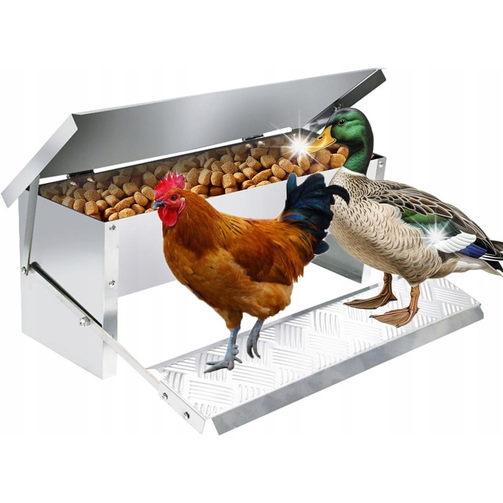 Madáretető, 5 kg, automata pedálos mechanizmus, rozsdamentes acél, könnyen összeszerelhető és tisztítható