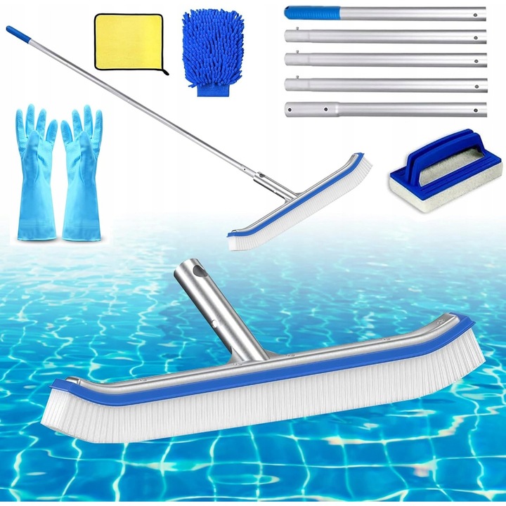 Set complet pentru curatarea piscinei, perie cu maner lung, carpa si burete, materiale rezistente, utilizare universala