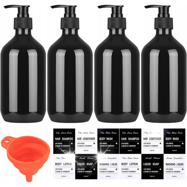 4 darabos, 500 ml-es pumpás flakon szett, PET anyagból, újrafelhasználható, samponhoz és tusfürdőhöz