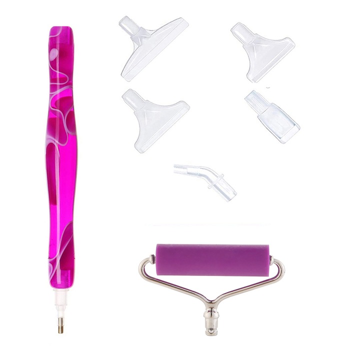 Set stilou pentru pictura cu diamante, pena cu roller, 5 capete interschimbabile, roz/alb