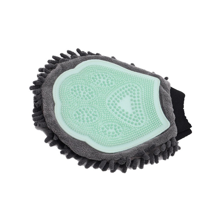 Perie de baie pentru animale de companie, design dublu fata, material chenille si TPR, 24x18cm, culoare verde