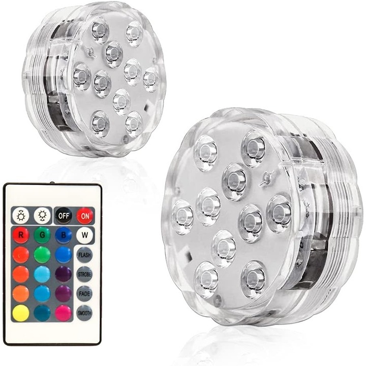 Set 2 lumini submersibile LED 10LED, IP68, cu telecomanda, pentru piscina, baie, acvariu