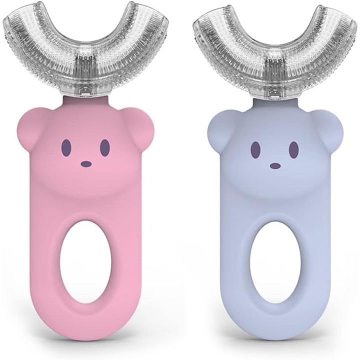 U alakú fogkefe szett, 2 db, folyékony szilikon U alakú fogkefe, állatos design, rózsaszín és kék, 2-6 éveseknek
