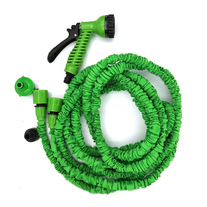 Bővíthető kerti tömlő, 5-15 méter, 7 állású fúvókával, zöld