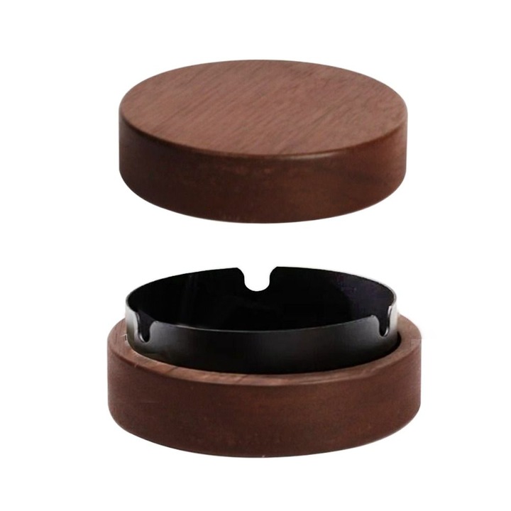 Scrumiera din nuc, design cu capac, maro/negru