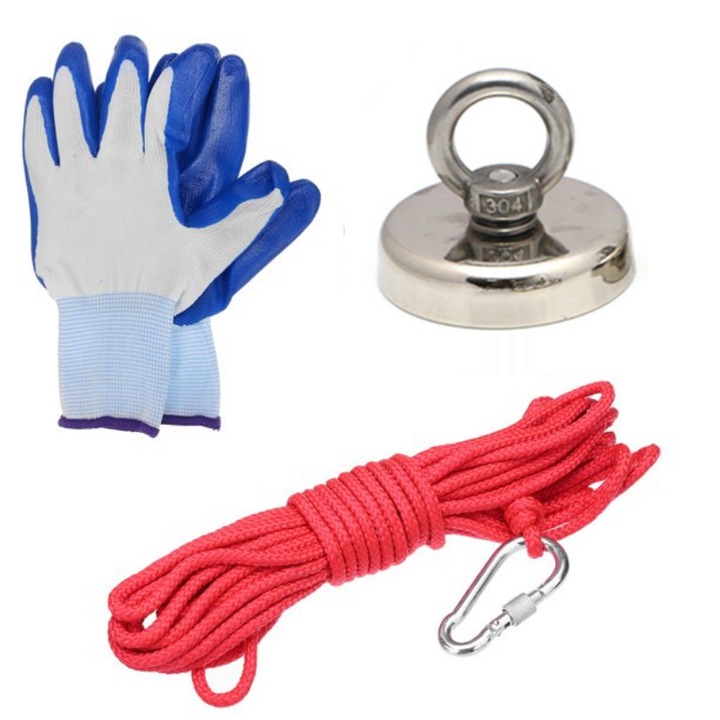 Magnet neodim pentru pescuit, 40 kg, 36x8mm, set cu franghie 10m si manusi de protectie