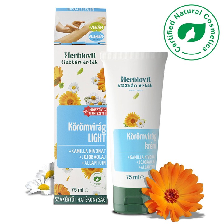 Herbiovit Hipoallergén Krém Tubus 75 ml, Körömvirág Kivonattal, Hiperérzékeny Bőrre, Allergénmentes Formula, Light Textúra, A Legérzékenyebb Bőrnek