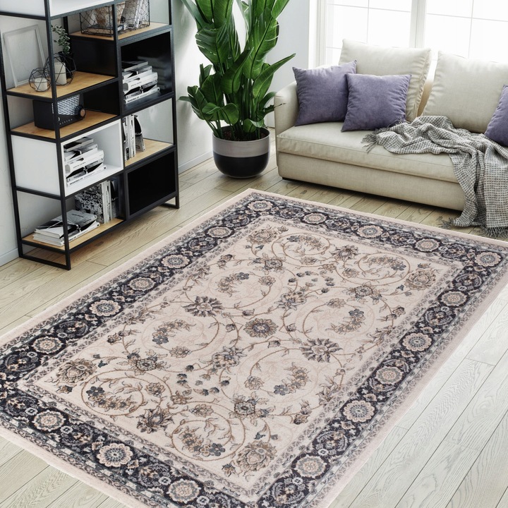 Covor, Tapiso, Colorado, 200 x 140 cm, Stil Vintage, dens, perii moi, OEKOTEX, Motiv Floral, RezistentaUV, Dreptunghi, Fir scurt 10 mm, 6.3 Kg, Gri inchis