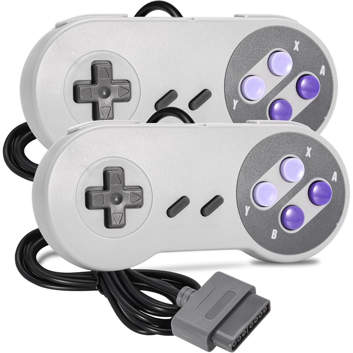 Set 2 controlere SNES cu fir, gri/purpurie, 1.8m