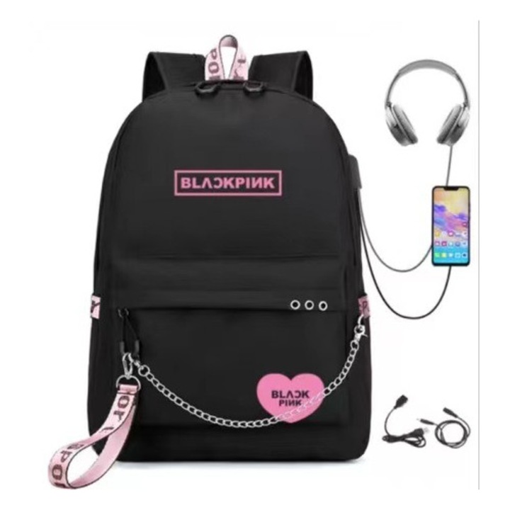 Fekete iskolai hátizsák USB-vel és fejhallgató-csatlakozóval, 45x32x15cm