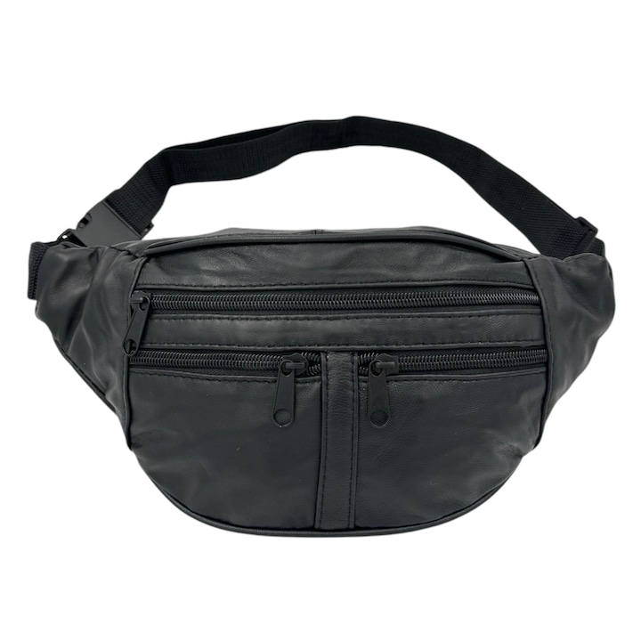 Fekete báránybőr sport övtáska, 1 fő rekesz, 3 külső rekesz, 26x6x13.5cm