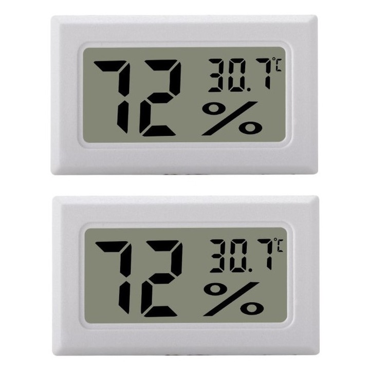 Hygrometru/Termometru LCD Mini, set 2 bucati, alb, 4.7x1.6x2.8cm