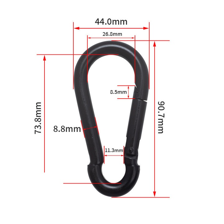 Set carabiniere 8, 2 bucati, otel laminat la rece, capacitate 200KG-280KG, negru, dimensiuni S: 6.5x3.9x0.84cm, M: 7.38x4.4x0.85cm, L: 10x4.7x0.8cm
