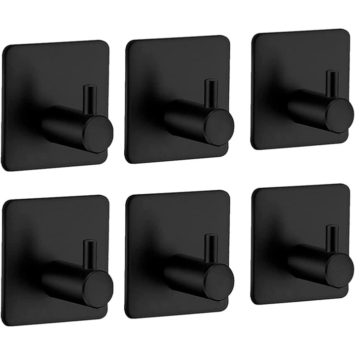 Umerase autoadezive din inox, set de 6, negru, 4.5x4.5x3 cm