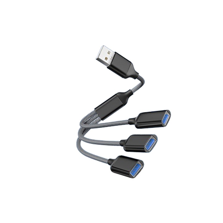 Hub USB 2.0, 3 porturi, design compact, viteza transfer 480 Mbps, culoare neagra, dimensiuni 28x1.6x0.8 cm