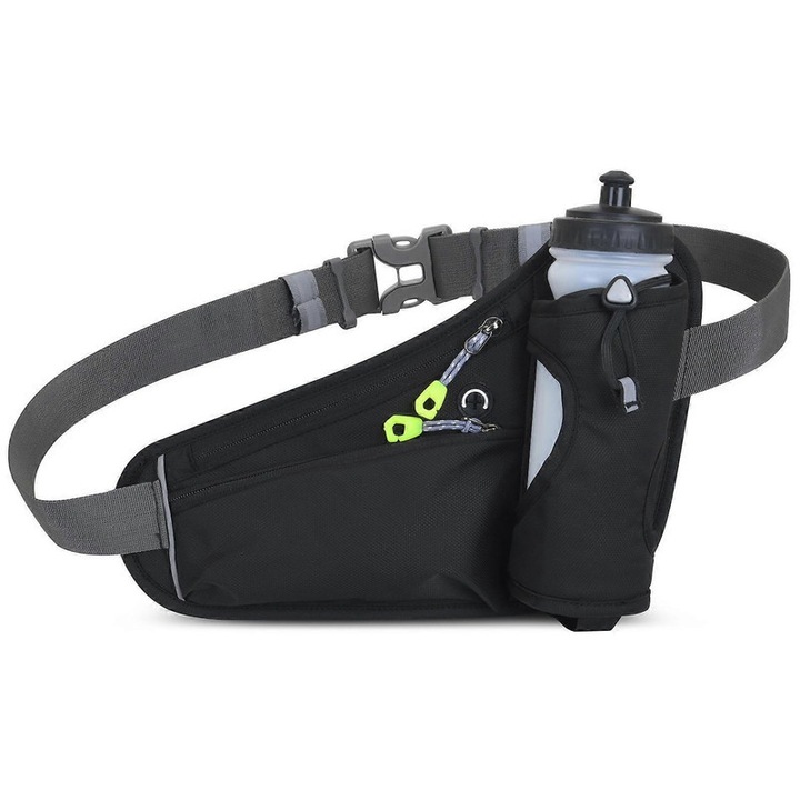 Centura de alergare cu doua buzunare, neagra, 30x22cm, set cu suport pentru sticla de apa