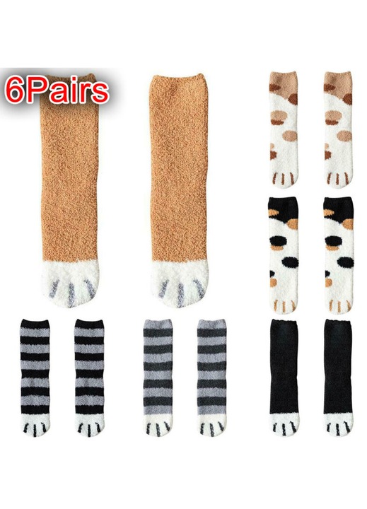 Sosete dama, model cu linii gri, 1 pereche, din poliester si fleece coral, calduroase, cu design pisica