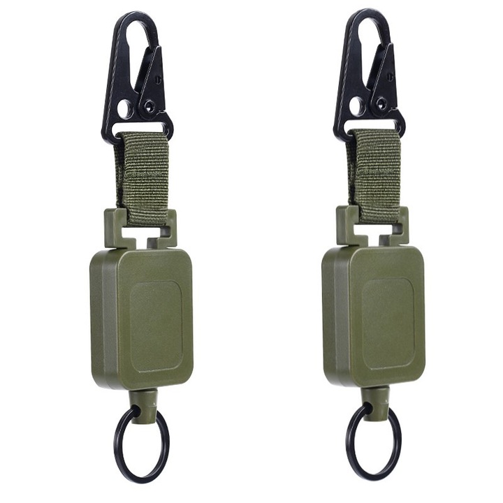Breloc cu carabina, set 2 bucati, verde inchis, 18x4.1cm, fir retractabil 60cm