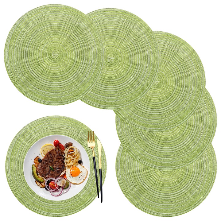 Set de 6 servete din bumbac si polipropilena, rotunde, 36cm, verde
