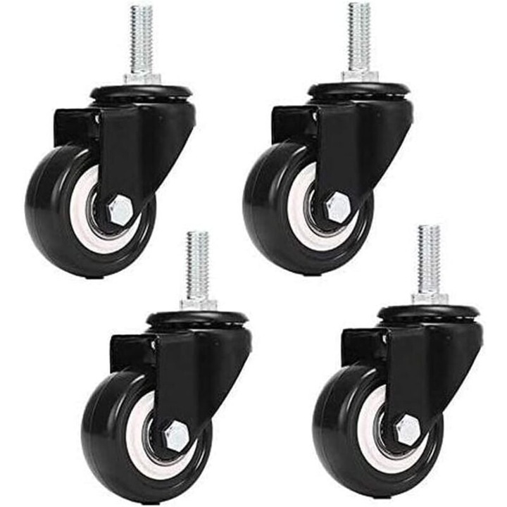 Set 4 roti pivotante M8, 240 kg, pentru mobila, fara frana, culoare neagra, dimensiuni 81x35x60mm