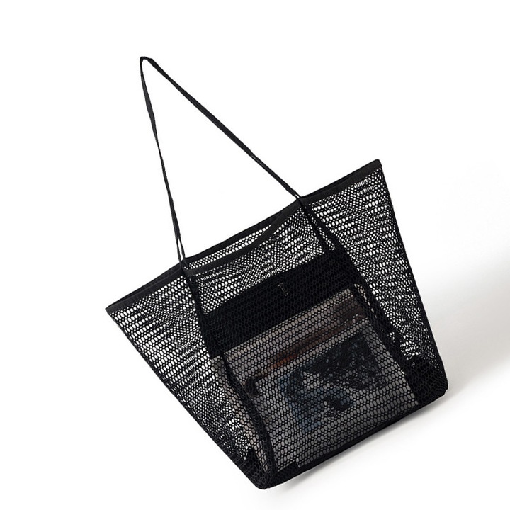 Geanta de plaja din plasa, capacitate mare, material canvas si poliester, 38x35x17cm, neagra