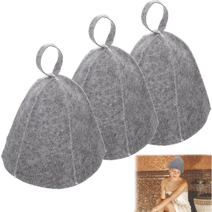 Set 3 caciuli de sauna din fetru, protectie cap, absorbante, gri, 23cm