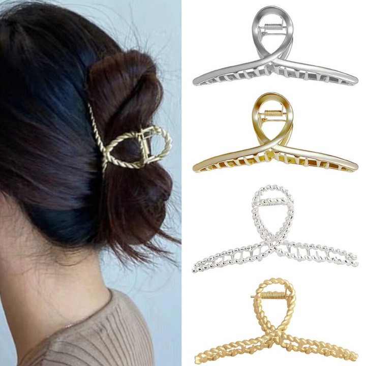 Agrafe de par set, stil retro, forma luna, metal, argintie, pentru femei