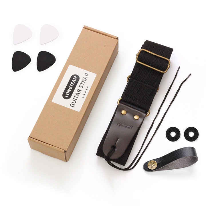 Set accesorii chitara, curea nylon ajustabila 93-150 cm, 1 buton curea, 2 blocari curea, 4 pene, negru